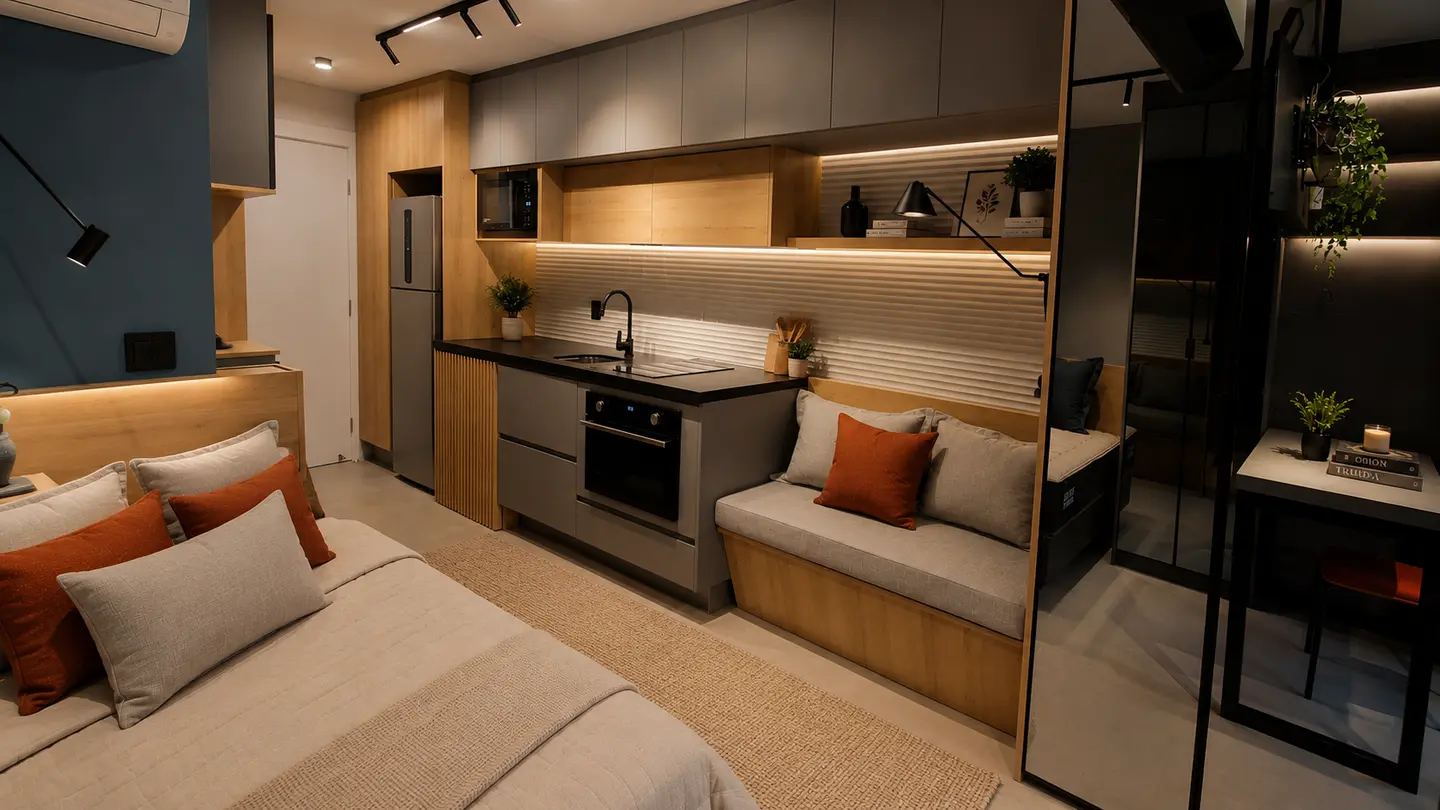 Estúdio compacto com cozinha, cama e sofá integrados em marcenaria sob medida