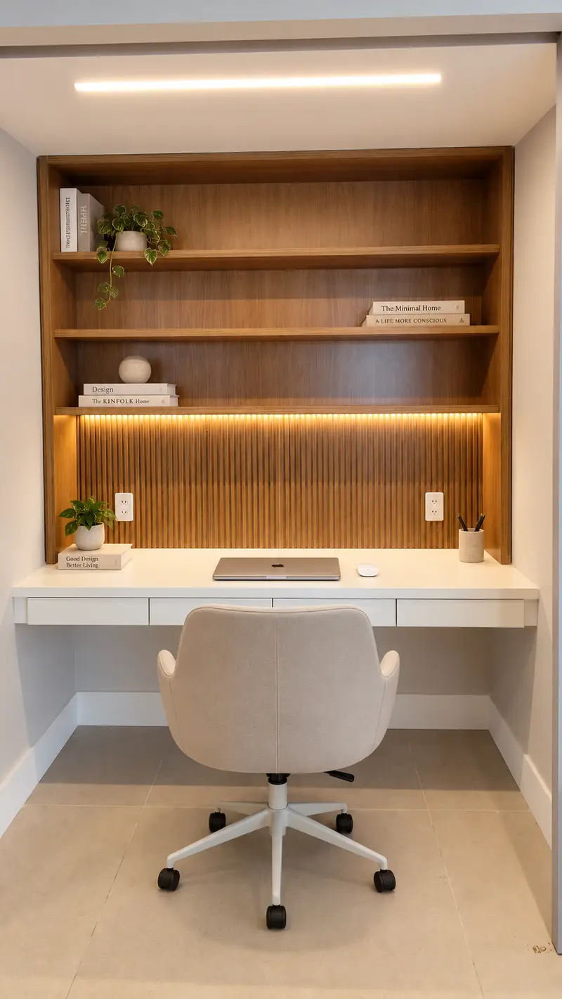 Nicho de home office com prateleiras, ripados e iluminação embutida