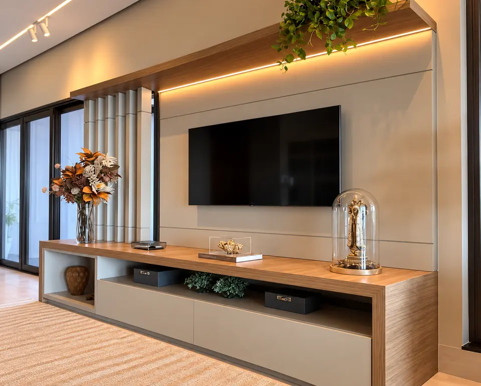 Painel de TV sob medida com pilares ripados, nichos e iluminação em LED dourada